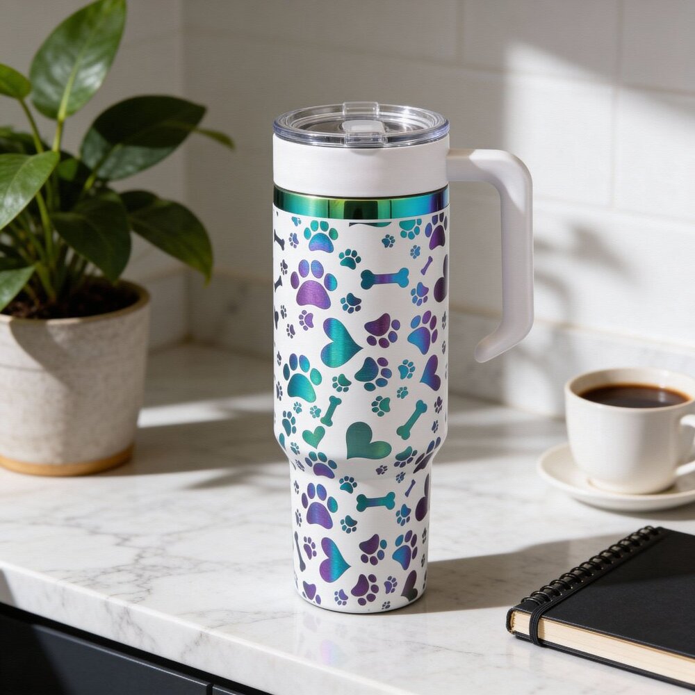 40 oz White Paw Print & Bone Insulated Tumbler with Handle